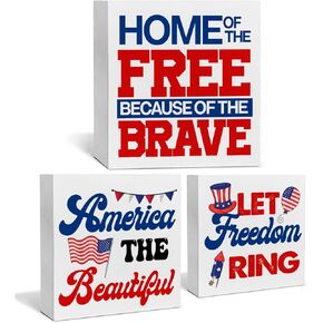 3 Pcs Freedom Theme Tiered Tray Decor Wood Box Sign Decor for Home Office Desk Shelf Decoration