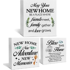 3 Pieces New Home Wooden Box Signs Home Decor New Home New Memories Bless This Home Wood Signs Tiered Tray Table Desk Shelf Wall Decoration, Housewarming Gifts