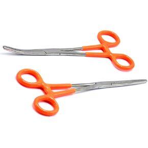2-Piece Curved & Straight 8" Hemostat Set PVC Handle - Stainless Steel Locking Tweezer Clamps - Ideal Hemostats for Nurses, Fishing Forceps, Crafts and Hobby