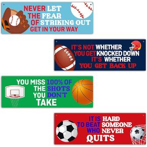 4 Pcs Sports Wall Decor Sign, Inspirational Quotes Wall Art Gift For Boy Room Girl Room, Baseball Football Basketball Soccer Wooden Hanging Plaque Sign For Kids Room Playroom Bedroom Classroom -04