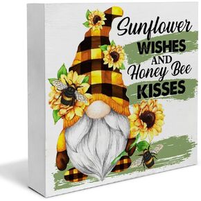 Sunflower Gnome Wood Box Sign Art Desk Decor 5 x 5 Inches Sunflower Wishes Quote Wood Block Sign Decor for Home Table Shelf Wall