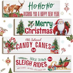Spiareal 4 Pieces Vintage Christmas Wood Hanging Sign, Merry Wall Xmas Retro Winter Decorative Rustic Wooden Door Sign Plaque Ornament for Indoor Outdoor Holiday Classroom Home Decor