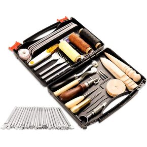 273 Pieces Leather Working Tools and Supplies with Leather Tool Box Cutting Mat Hammer Stamping Tools Needles Snaps and Rivets Kit Perfect for Stitching Punching Cutting Sewing Leather Craft Making