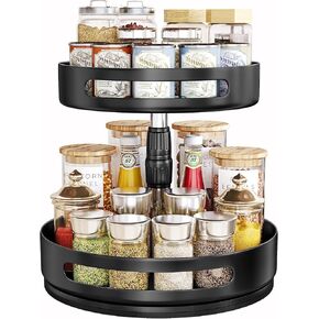 Lazy Susan Organizer Spice Rack 2 Tier - Rotating Seasoning Organizer for Cabinet Metal Lazy Turntable Height Adjustable Spice Organization Pantry Kitchen Counter Storage, 10 inch Black