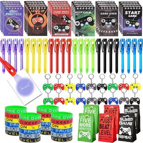 80 Pcs Video Game Party Favors Party Supplies Invisible Ink Pen Notebook Silicone Bracelet Gift Paper Bag Video Game Controller Keychain Birthday Supplies for Kids Gamer Party Favors Game Stuffer Bag