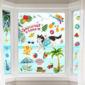 HOWAF 9 Sheets Summer Window Clings, Hello Summer Dogs Cats Window Stickers with Cute Puppy Kitty Window Decals for Hawaii Party Window Decor, Summer Cute Animal PVC Stickers for Classroom Decor