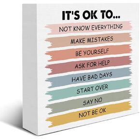 Positive Affirmations Sign It's Okay to Not Be Okay Wood Block Sign Mental Health Decorative Desk Sign Classroom Playroom School Counselor Therapy Office Home Shelf Tabletop Decor 5 X 5 Inches