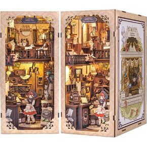 FSOLIS DIY Book Nook Kit, DIY Miniature Dollhouse Kit with Dust Cover 3D Wooden Puzzle Bookends Book Nook Shelf Insert Bookshelf Decor Kit Booknook Model Kit Book Nook Kits for Adults (RK02)