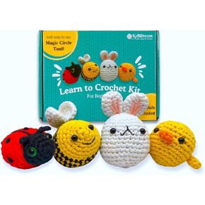 Learn to Crochet Kit for Beginners Adults with Step-by-Step Video Tutorials; Crochet Supplies to Make 4 Cute Amigurumi Animals; Crochet Bee, Chick, Bunny and Ladybug; Pattern Cards; Magic Circle Tool