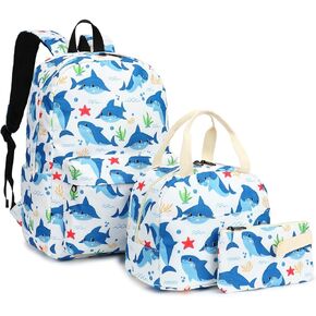 Boys Backpack for School, Kids Elementary School Bag Teens Middle Bookbag Set with Lunch Box Pencil Case (Shark)
