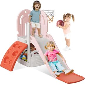 BIERUM 4 in 1 Toddler Slide, Slide for Toddlers Age 1-3 with Basketball Hoop and Ball, Slide for Kids, Indoor Outdoor Backyard Playground Climbing Theme Baby Slide Toy