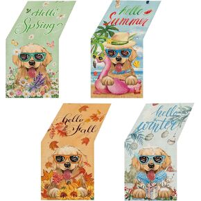 4 Pcs Golden Retriever Dog Table Runner 72 Inches Long, Seasonal Spring Summer Table Runner, Fall Winter Cute Puppy Dining Table Decor Burlap Table Runner for Kitchen Farmhouse Home Party