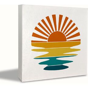 KEUSPI Summer Desk Decor,Retro Sun Sunset Rays Rustic Summer Wood Block Plaque Box Sign Desk Decor for Beach House Home Wall Tabletop Shelf Decorations
