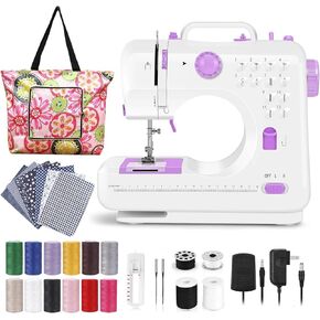 Dechow Sewing Machine for Beginners, Electric Mini Portable, 12 Built-in Stitches with Reverse Sewing, 2 Speeds Double Thread with Foot Pedal, Floral Cotton Fabric and Sewing Threads Set(Purple)