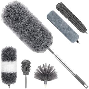 Microfiber Feather Duster Kit for High Ceiling (7 PCS),Dusters for Cleaning,Reusable Bendable Washable Cobweb Duster with 100" Extra Long Extension Pole for Cleaning Ceiling Fan,Furniture, Blinds, Car