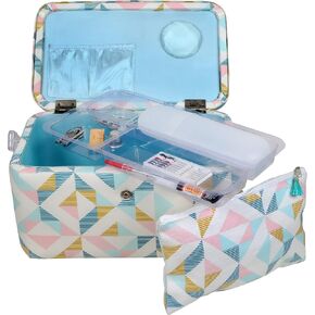SINGER Large Premium Tackle Basket Pastel Flamingo Print with Emergency Travel Sewing Kit & Matching Zipper Pouch