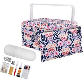 SINGER Large Premium Tackle Basket Pastel Flamingo Print with Emergency Travel Sewing Kit & Matching Zipper Pouch