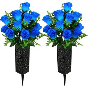 Artificial Cemetery Flowers, Grave Memorial Flowers with Vase, Artificial Rose Bouquet Decoration for Cemetery Headstones Gravesites (Set of 2, Purple), White