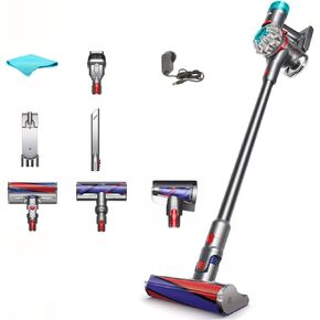 Dyson V8 Absolute Cordless Vacuum Cleaner, HEPA Filter, Rotating Brushes, Bagless, Battery Operated, Up to 40 Min Runtime, Silver, with 5AVE Microfiber Cloth