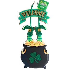 St. Patrick's Day Lucky the Leprechaun deep in pot of gold dangling "Welcome" sign.… in Saudi Arabia