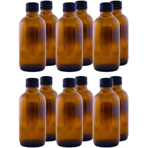 GreenHealth Pack of 12-4 oz Amber Glass Boston Round Bottles w/Black Phenolic Cone Lined Caps