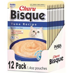 INABA Churu Bisque Lickable Treats for Cats, Creamy Purée Bisque with Vitamin E, 1.4 Ounces per Pouch, 16.8 Ounces Total (12 Servings), Tuna Recipe
