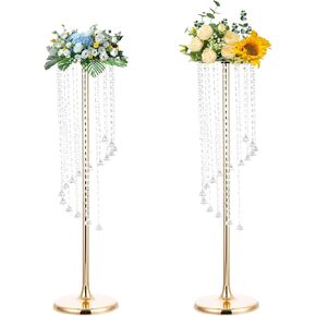 2Pcs 35.4inch Metal Flowers Stand Wedding Centerpieces Gold Vases Tall Crystal Flower Vase Bead Crystal Flower Arrangement Stand Weddings Decoration Table Chandelier for Party Weddings Decor