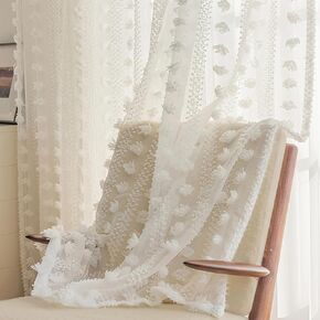 ColorBird White Sheer Pom Pom Curtains 84 Inches Long 2 Panels Set for Living Room,Boho Style Cute Nursery Curtains,Light Filtering Privacy Rod Pocket Curtains for Bedroom Sliding Door