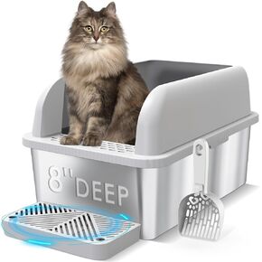 Suzzipaws 8" Deep Stainless Steel Cat Litter Box with Lid Extra Large Litter Box for Big Cats XL Metal Litter Pan Tray with High Wall Sides Enclosure, Non-Sticky, Anti-Leakage, Easy Cleaning