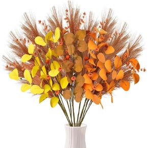12Pcs 27.5" Artificial Fall Flowers Bouquets with Burnt Orange Pampas Grass & Berry Pumpkin & Fall Eucalyptus Leaves Stems, Fall Centerpieces for Tables Wedding Autumn Thanksgiving Decor