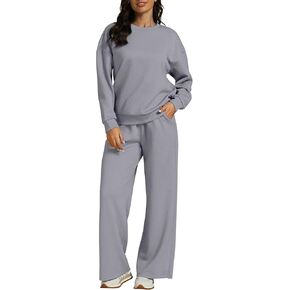 luvamia Lounge 2 Piece Sets for Women Texture Long Sleeve Pullover Pull On Wide Leg Pants Sweatsuit Loungewear Sweat Set