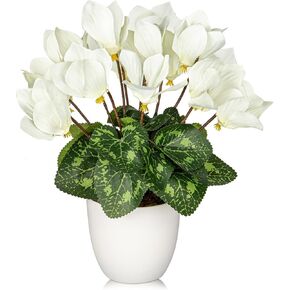 Hollyone Artificial Cyclamen Flowers Plant Potted Fake Silk Flowers Plants in White Pot Faux Red Cyclamen Flowers