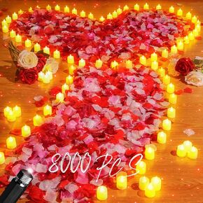 Hanaive 8000 Pcs Artificial Rose Petals with 120 Pcs Flameless LED Tea Light Candles Set Romantic Special Night Decorations for Valentine's Day Anniversary Wedding Table Decor(Classic Color)