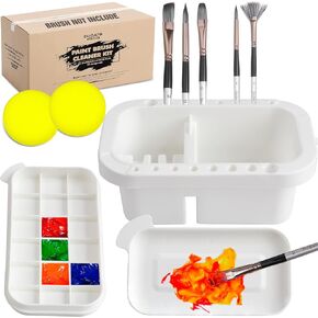 DUGATO Paint Brush Cleaner Washer, Multifunction Painting Brush Basin Holder and Organizer width Tray Palette Lid & 2 Art Sponges for Acrylic, Watercolor, Oil, Gouache Painting