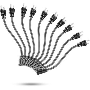 KMC Power Extension Cord 10-Pack, Outlet Saver, 16AWG 3 Prong, 1-Foot Cord