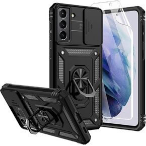 for Galaxy S21 Case,Samsung S21 Case,with Screen Protectors and Camera Cover,[Military Grade] 16ft.Drop Tested Cover with Magnetic Kickstand Protective Case for Samsung Galaxy S21, Black