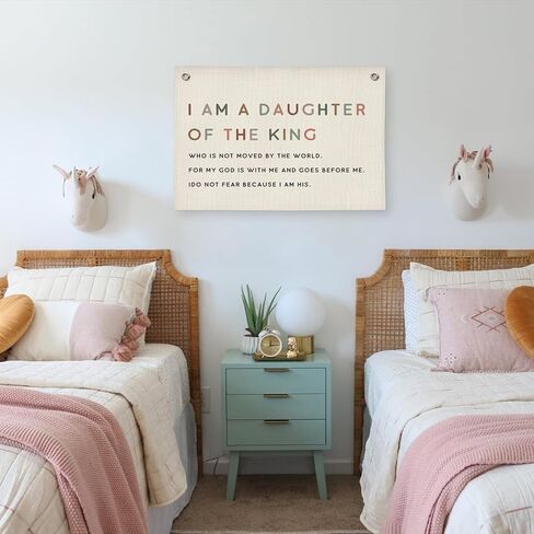 Girl Nursery Decor,I am a Daughter of the King Girl Nursery Canvas Banner, Christian Religious Bible Verse Banner Wall Hanging Banner Flag for Girls Bedroom Playroom in Saudi Arabia