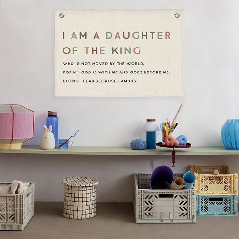 Girl Nursery Decor,I am a Daughter of the King Girl Nursery Canvas Banner, Christian Religious Bible Verse Banner Wall Hanging Banner Flag for Girls Bedroom Playroom in Saudi Arabia
