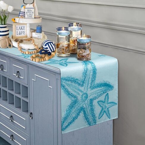 مفرش طاولة على شكل نجم البحر الأزرق، مفرش طاولة القهوة على الشاطئ الساحلي البحري، مفرش خزانة ملابس بحر المحيط للمطبخ، غرفة المعيشة، غرفة الطعام، ديكور حفلات العطلات المنزلية في الهواء الطلق، بطول 33 × 72 بوصة in Kuwait