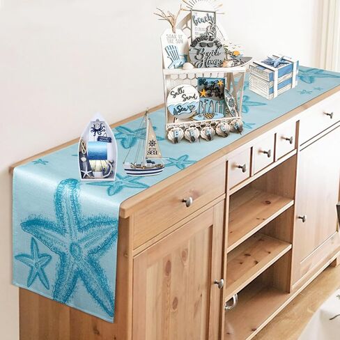 مفرش طاولة على شكل نجم البحر الأزرق، مفرش طاولة القهوة على الشاطئ الساحلي البحري، مفرش خزانة ملابس بحر المحيط للمطبخ، غرفة المعيشة، غرفة الطعام، ديكور حفلات العطلات المنزلية في الهواء الطلق، بطول 33 × 72 بوصة in Kuwait