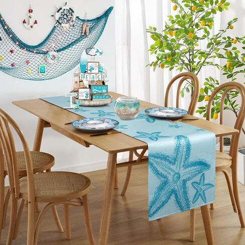 مفرش طاولة على شكل نجم البحر الأزرق، مفرش طاولة القهوة على الشاطئ الساحلي البحري، مفرش خزانة ملابس بحر المحيط للمطبخ، غرفة المعيشة، غرفة الطعام، ديكور حفلات العطلات المنزلية في الهواء الطلق، بطول 33 × 72 بوصة in Kuwait