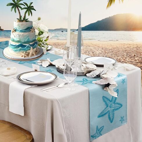 مفرش طاولة على شكل نجم البحر الأزرق، مفرش طاولة القهوة على الشاطئ الساحلي البحري، مفرش خزانة ملابس بحر المحيط للمطبخ، غرفة المعيشة، غرفة الطعام، ديكور حفلات العطلات المنزلية في الهواء الطلق، بطول 33 × 72 بوصة in Kuwait