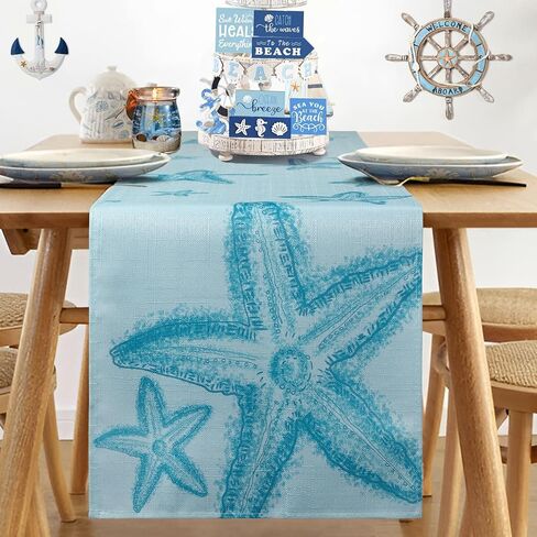 مفرش طاولة على شكل نجم البحر الأزرق، مفرش طاولة القهوة على الشاطئ الساحلي البحري، مفرش خزانة ملابس بحر المحيط للمطبخ، غرفة المعيشة، غرفة الطعام، ديكور حفلات العطلات المنزلية في الهواء الطلق، بطول 33 × 72 بوصة in Kuwait