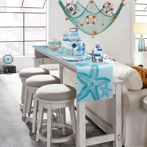 مفرش طاولة على شكل نجم البحر الأزرق، مفرش طاولة القهوة على الشاطئ الساحلي البحري، مفرش خزانة ملابس بحر المحيط للمطبخ، غرفة المعيشة، غرفة الطعام، ديكور حفلات العطلات المنزلية في الهواء الطلق، بطول 33 × 72 بوصة in Kuwait