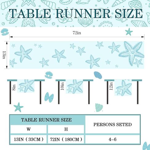 مفرش طاولة على شكل نجم البحر الأزرق، مفرش طاولة القهوة على الشاطئ الساحلي البحري، مفرش خزانة ملابس بحر المحيط للمطبخ، غرفة المعيشة، غرفة الطعام، ديكور حفلات العطلات المنزلية في الهواء الطلق، بطول 33 × 72 بوصة in Kuwait