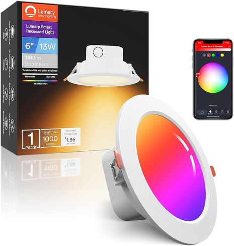 Lumary Integrated Smart Recessed Lighting 6 Inch with Junction Box 13W 1000LM Canless WiFi Downlight RGBCW Color Changing Wafer Light Work with Alexa/Google Assistant, 1PCS in Saudi Arabia