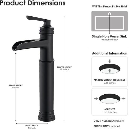 Vessel Sink Bathroom Faucet, Oil Rubbed Bronze Tall Waterfall Bathroom Faucet One Hole, Single Handle Vanity Vessel Faucet, Modern Lavatory Bowl Sink Faucet with Drain in Saudi Arabia