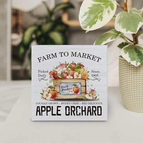Farmhouse Apples Wood Box Sign Decor Desk Sign Apple Orchard Wooden Box Block Sign Rustic Home Kitchen Shelf Wall Decoration in Saudi Arabia