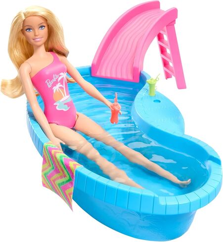 Barbie Doll and Pool Playset, Brunette in Seafoam Blue One-Piece Swimsuit with Pool, Slide, Towel and Drink Accessories in Saudi Arabia