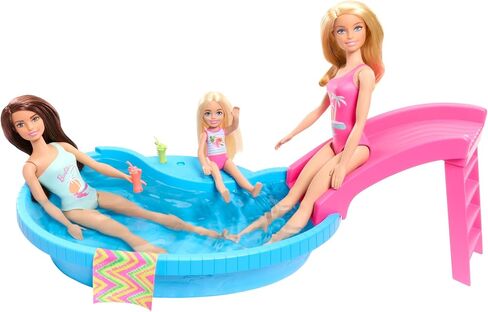 Barbie Doll and Pool Playset, Brunette in Seafoam Blue One-Piece Swimsuit with Pool, Slide, Towel and Drink Accessories in Saudi Arabia